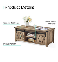Load image into Gallery viewer, 47.24" Farmhouse Coffee Table with Storage &amp; Sliding Barn Doors, Industrial Cocktail Table with Adjustable Shelves, Rustic Rectangular Living Room Table,Light Brown