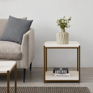 Tall Side End Table by CAFFOZ Furniture Designs |Brooklyn Series | Night Stand | Coffee Table |Storage Shelf | Sturdy | Easy Assembly | White Gold Wood Look Accent Furniture with Metal Frame