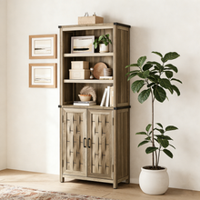 Load image into Gallery viewer, Farmhouse 6-Tier Bookcase, 72.3" Tall Storage Cabinet with Door &amp; Adjustable Shelves, Free Standing Display Bookcase for Home Office, Living Room