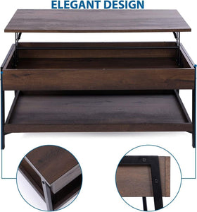 Caffoz Home Lift Top Coffee Table Center Table, 2-Tier Wood Accent Cocktail Table with Hidden Storage for Living Room, Smoky Oak