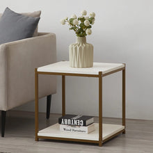 Load image into Gallery viewer, Tall Side End Table by CAFFOZ Furniture Designs |Brooklyn Series | Night Stand | Coffee Table |Storage Shelf | Sturdy | Easy Assembly | White Gold Wood Look Accent Furniture with Metal Frame