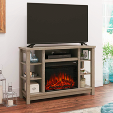 Load image into Gallery viewer, Farmhouse Fireplace TV Stand, 47.5" Entertainment Credenza with Electric Fireplace Insert, Manufactured Wood &amp; Metal Storage Cabinet for Living Room, Mystic Oak