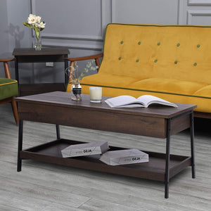 Caffoz Home Lift Top Coffee Table Center Table, 2-Tier Wood Accent Cocktail Table with Hidden Storage for Living Room, Smoky Oak