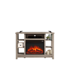Load image into Gallery viewer, Farmhouse Fireplace TV Stand, 47.5" Entertainment Credenza with Electric Fireplace Insert, Manufactured Wood &amp; Metal Storage Cabinet for Living Room, Mystic Oak