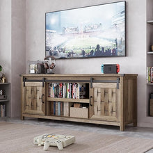 Load image into Gallery viewer, Farmhouse Entertainment Center for 65" and Larger TVs, TV Stand with Sliding Barn Door, Storage Console with Adjustable Shelves, Media Cabinet for Living Room and Bedroom,Light Brown