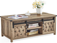Load image into Gallery viewer, 47.24" Farmhouse Coffee Table with Storage &amp; Sliding Barn Doors, Industrial Cocktail Table with Adjustable Shelves, Rustic Rectangular Living Room Table,Light Brown