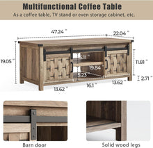 Load image into Gallery viewer, 47.24" Farmhouse Coffee Table with Storage &amp; Sliding Barn Doors, Industrial Cocktail Table with Adjustable Shelves, Rustic Rectangular Living Room Table,Light Brown