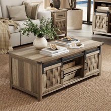 Load image into Gallery viewer, 47.24" Farmhouse Coffee Table with Storage &amp; Sliding Barn Doors, Industrial Cocktail Table with Adjustable Shelves, Rustic Rectangular Living Room Table,Light Brown