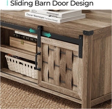 Load image into Gallery viewer, 47.24" Farmhouse Coffee Table with Storage &amp; Sliding Barn Doors, Industrial Cocktail Table with Adjustable Shelves, Rustic Rectangular Living Room Table,Light Brown