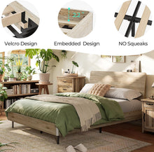 Load image into Gallery viewer, Ergonomic Full Platform Bed Frame with Storage Shelf, Noise-Free Wooden Bed, LED Light Strip &amp; Built-in USB Charging Station, No Box Spring Required - Brown