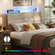 Load image into Gallery viewer, "Ergonomic Queen Platform Bed Frame with Storage Shelf, Noise-Free Wooden Bed, LED Light Strip &amp; Built-in USB Charging Station, No Box Spring Required - Beige "