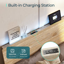 Load image into Gallery viewer, Ergonomic Full Platform Bed Frame with Storage Shelf, Noise-Free Wooden Bed, LED Light Strip &amp; Built-in USB Charging Station, No Box Spring Required - Brown