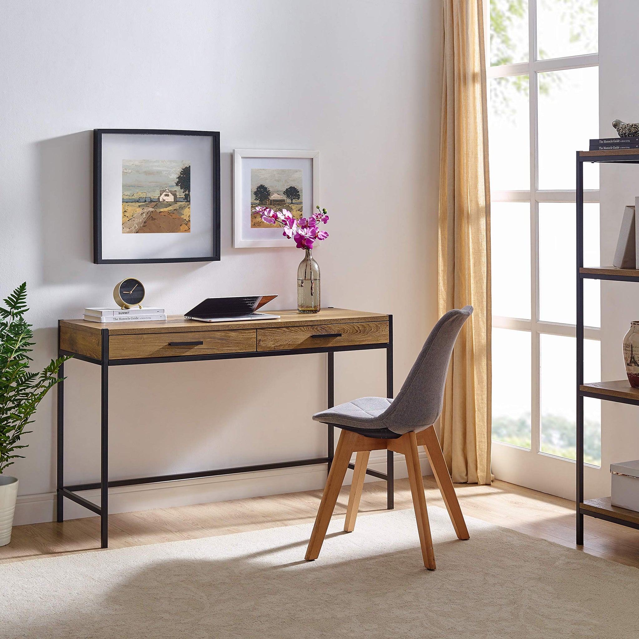 Brooklyn Series Oak Brown Writing Desk with Drawers Caffoz Designs